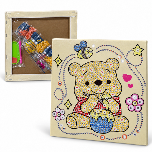 Diamond Art Canvas Kit — Bear with Honey Pot — 25x25 cm || مجموعة تزيين كانفاس بالأحجار اللامعة - دب مع وعاء عسل - 25 × 25 سم