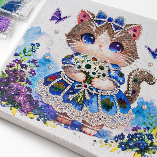 DIY Rhinestone Canvas Activity 30 x 30 cm - Kitten in Blue Dress || تزيين كانفاس بالكريستال 30 × 30 سم - قطة بفستان أزرق