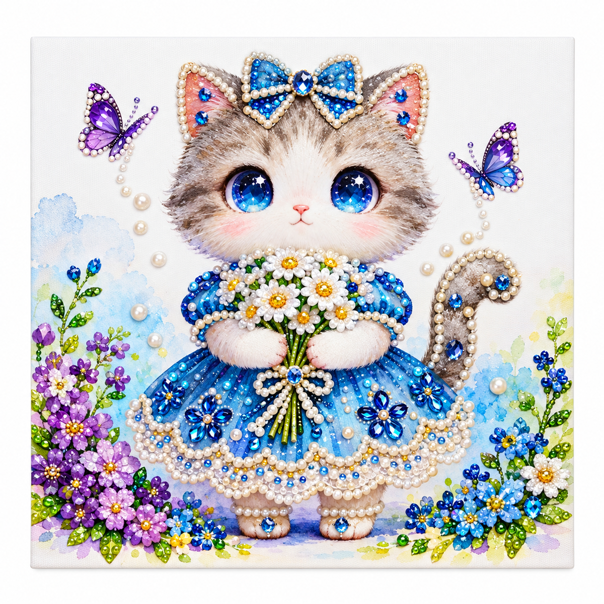 DIY Rhinestone Canvas Activity 30 x 30 cm - Kitten in Blue Dress || نشاط تزيين كانفاس بالأحجار اللامعة 30 × 30 سم - قطة بفستان أزرق - Completed design example