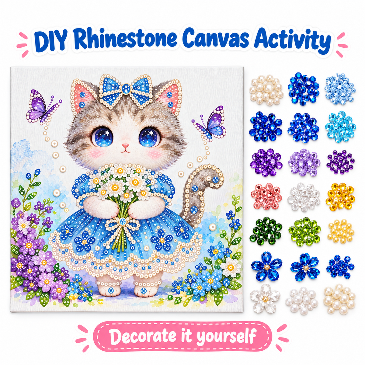 DIY Rhinestone Canvas Activity 30 x 30 cm - Kitten in Blue Dress || نشاط تزيين كانفاس بالأحجار اللامعة 30 × 30 سم - قطة بفستان أزرق
