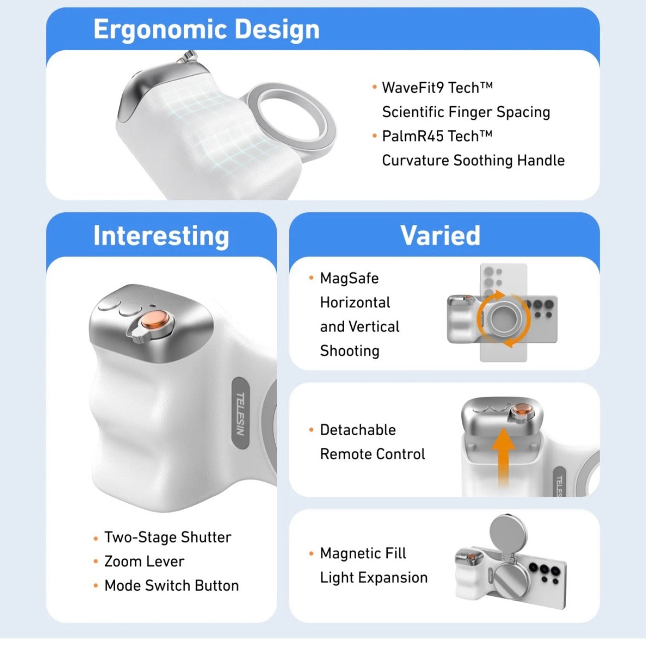 SMQ Magnetic Phone Camera Handle Grip – Model P1 MP 10 مقبض كاميرا للهاتف بتقنية التثبيت المغناطيسي من TELESIN SMQ– الموديل P1 MP 10