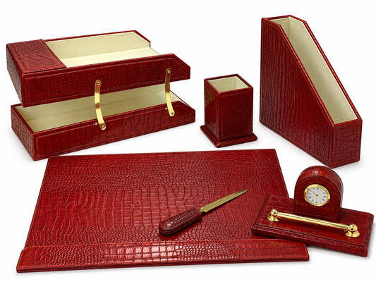 Burgendy Leather Crocodile Desk Set 6 PCS || طقم مكتب جلد نقشة تمساح عنابي 6 قطع