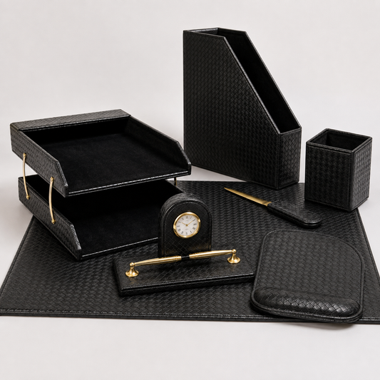 Black Leather Desk Set 7 PCS || طقم مكتب جلد نقشة اسود 7 قطع