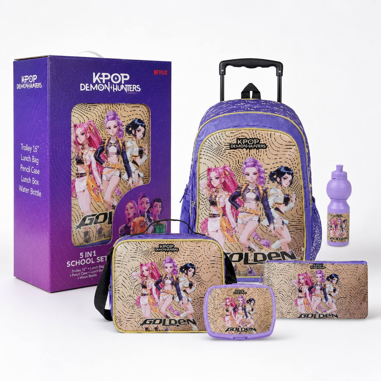 K-POP DEMON HUNTER 5IN1 TROLLEY 18" || طقم شنطة تروللي كي بوب ديمون هانتر ٥ في ١، ١٨ إنش