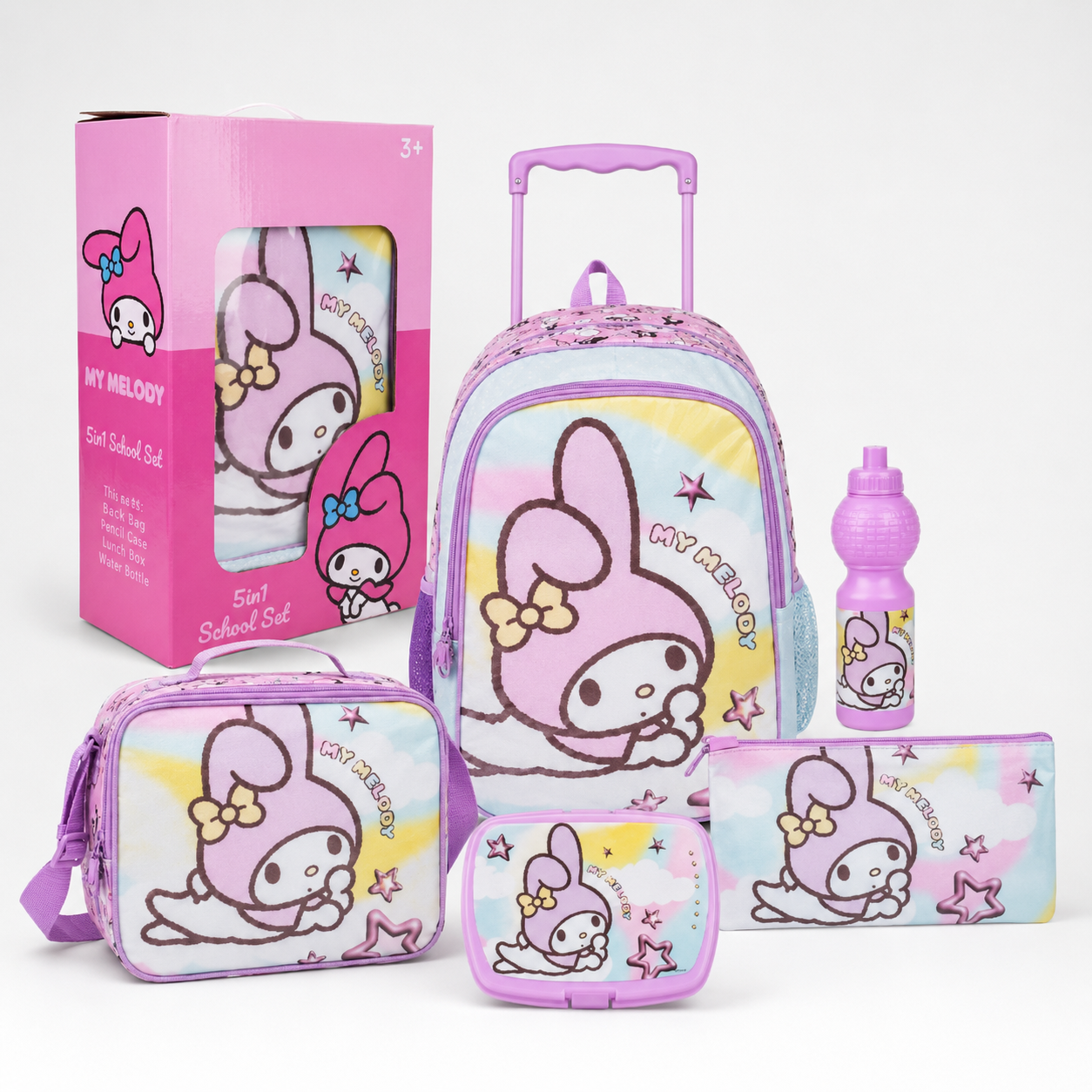 SANRIO  MY MELODY ON THE CLOUD 5 IN 1 TROLLEY SET  18" || طقم شنطة تروللي سانريو  ماي ميلودي أون ذا كلاود ٥ في ١  ، 18 إنش