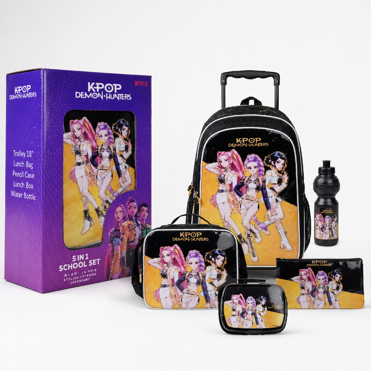 K-POP DEMON HUNTER 5IN1 TROLLEY 18" ||  طقم شنطة تروللي عربة كيبوب ديمون هانتر 5 في 1 ، 18 إنش