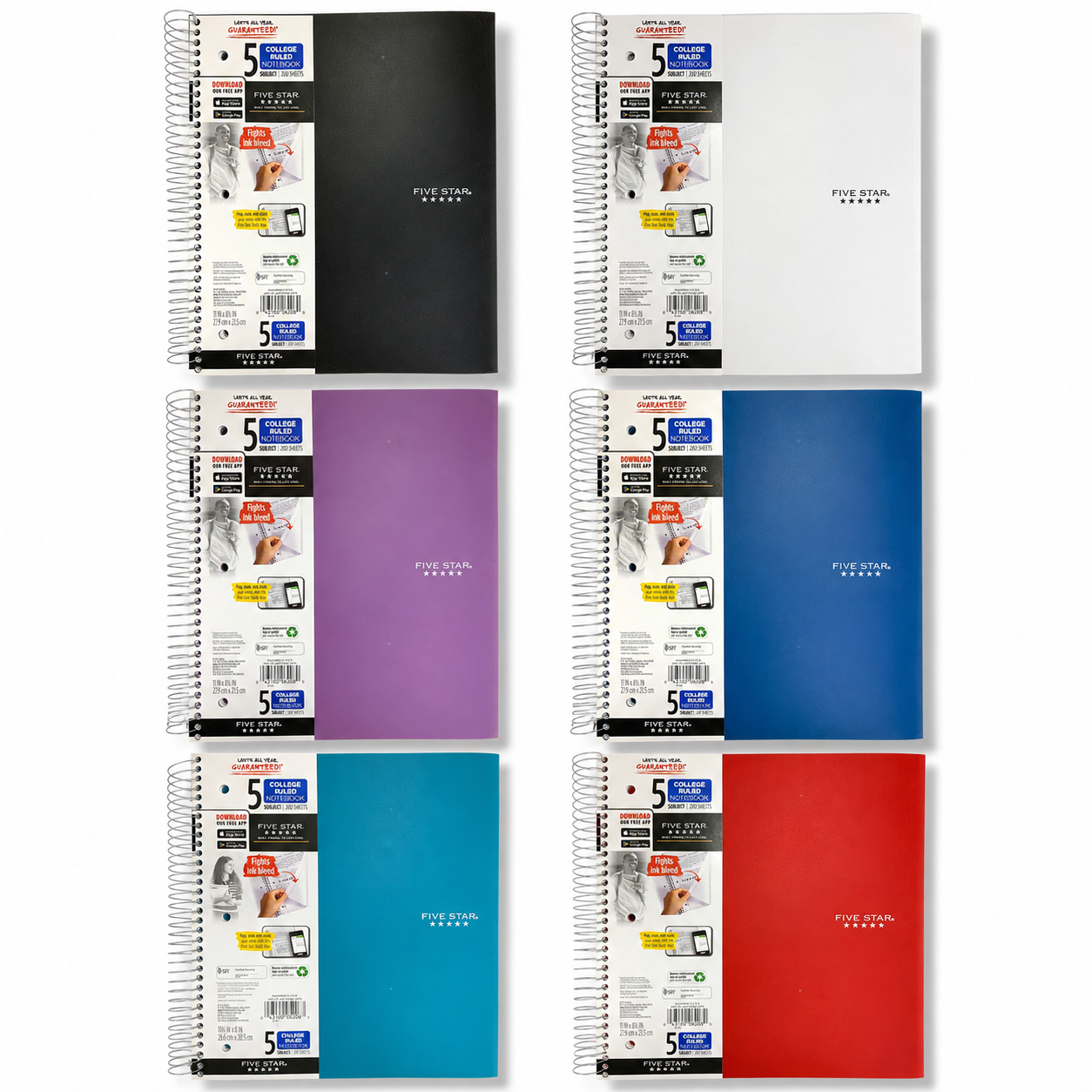 Mead Five Star 5 Subject College Ruled Notebook 200 Pages Assorted Colors || دفتر ميد 5 موضوع عدد 200 ورقة الوان متنوعة