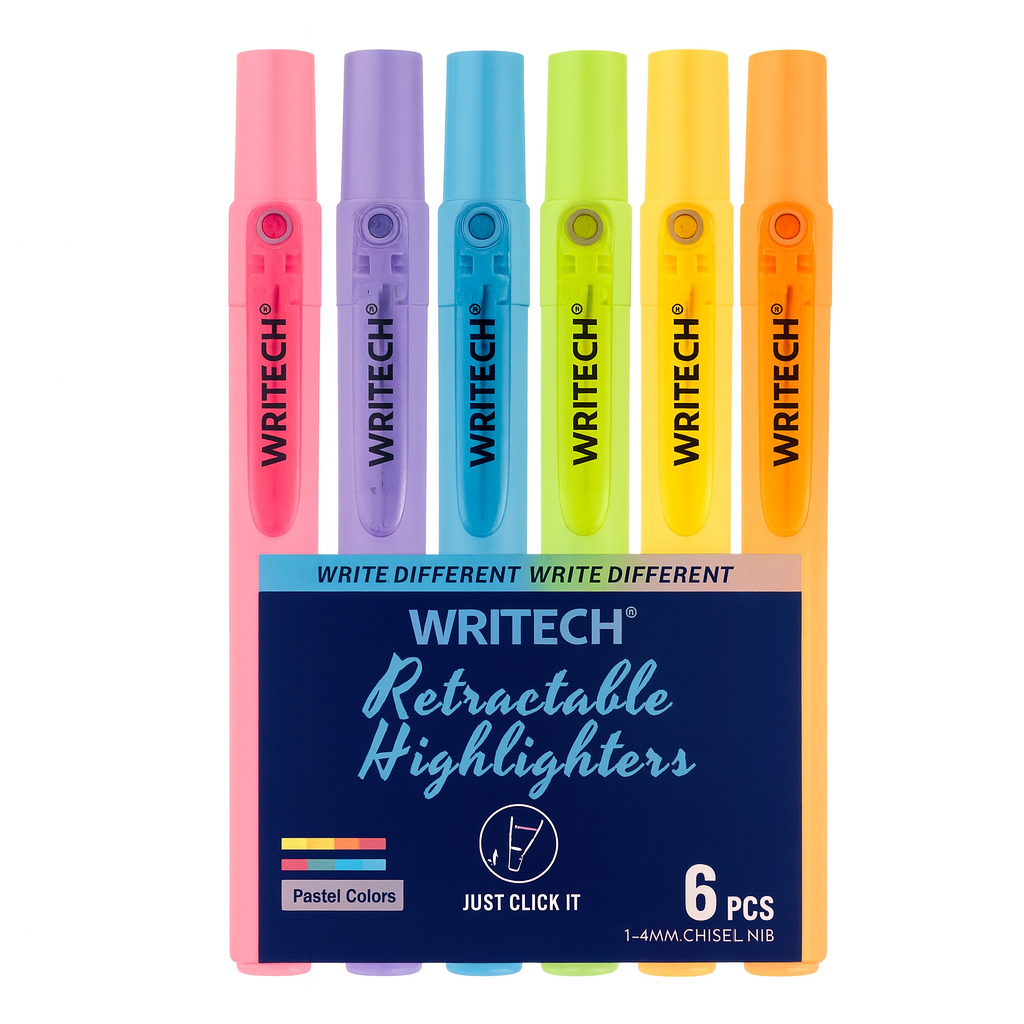 Writech Retractable Highlighters Pastel Colors 6 Pcs || اقلام هايلايتر فسفوري كبس رايتك 6 لون باستيل