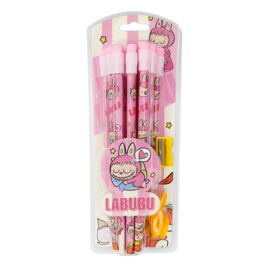 Pink Labubu Pencil Set With Sharpener 12 pcs || مجموعة اقلام رصاص لابوبو مع براية لون وردي 12 قلم