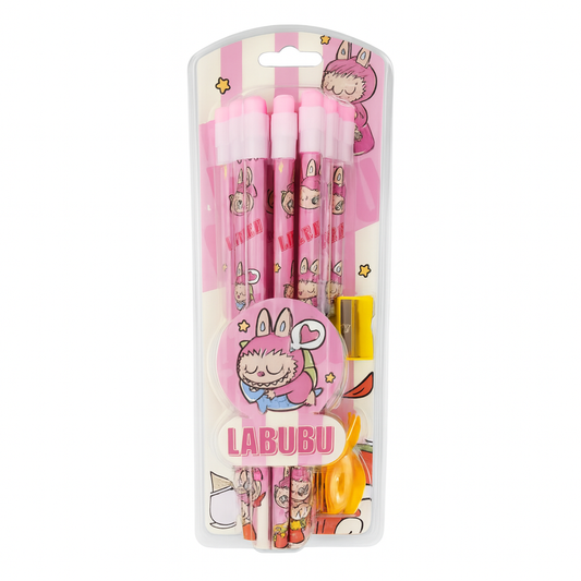 Pink Labubu Pencil Set With Sharpener 12 pcs || مجموعة اقلام رصاص لابوبو مع براية لون وردي 12 قلم