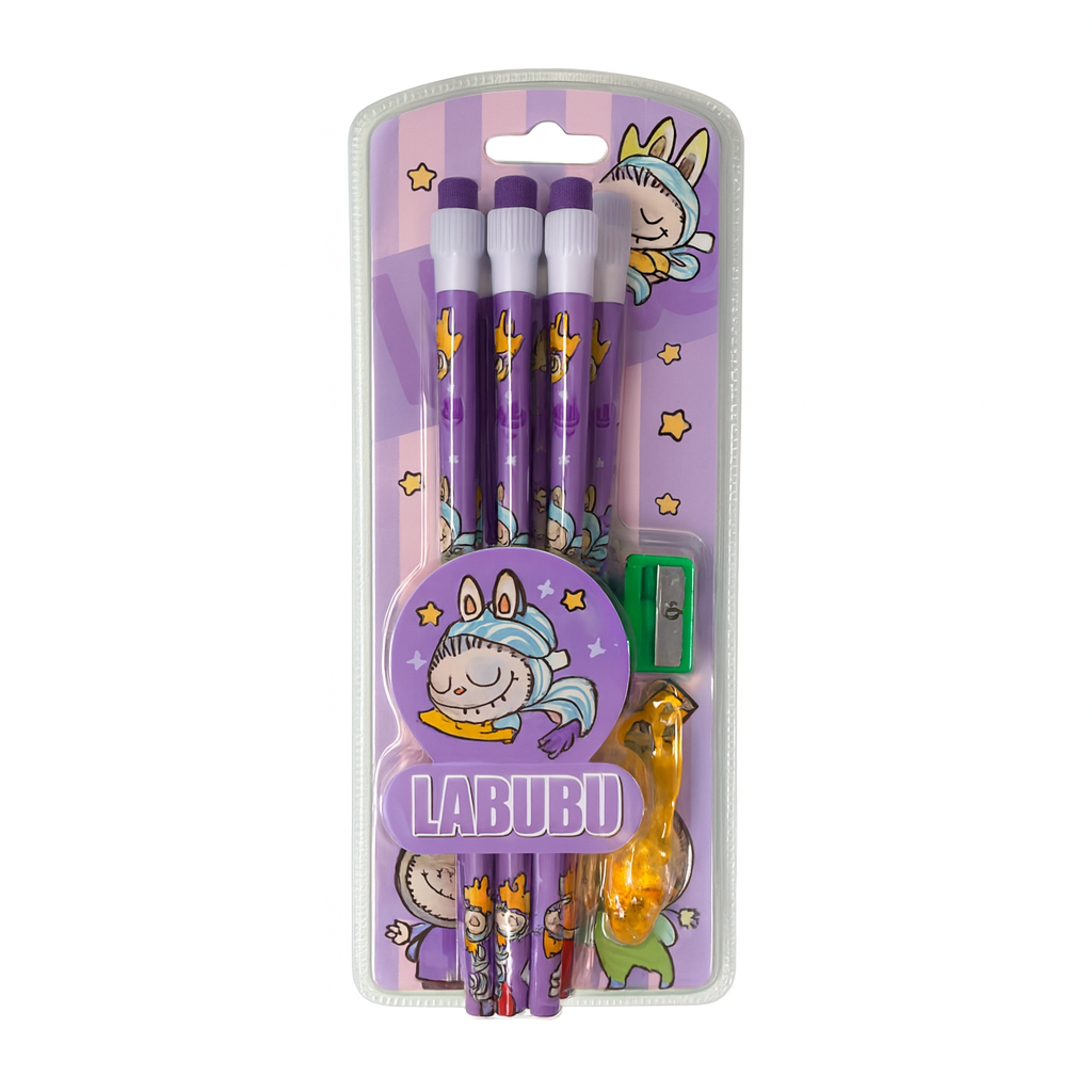 Purple Labubu Pencil Set With Sharpener 12 pcs || مجموعة اقلام رصاص لابوبو مع براية لون بنفسجي 12 قلم