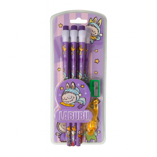 Purple Labubu Pencil Set With Sharpener 12 pcs || مجموعة اقلام رصاص لابوبو مع براية لون بنفسجي 12 قلم