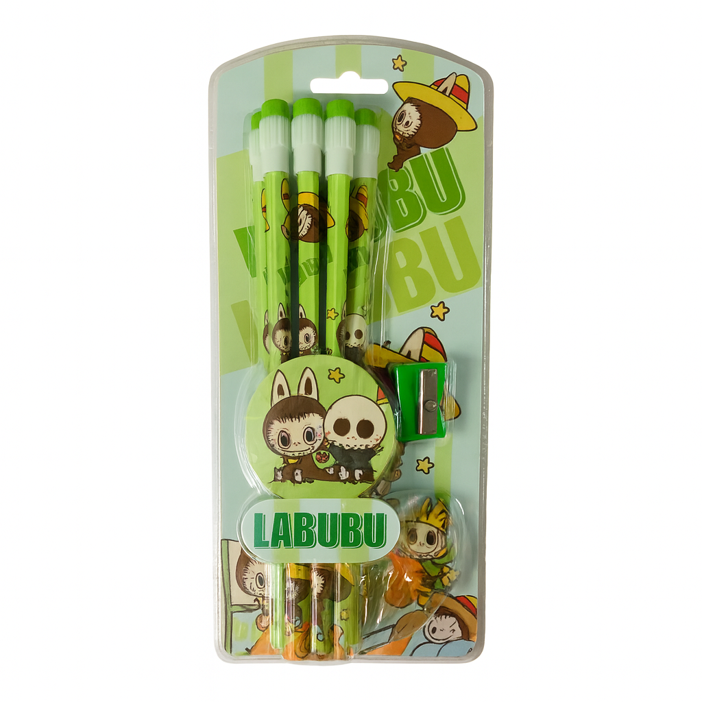 Green Labubu Pencil Set With Sharpener 12 pcs || مجموعة اقلام رصاص لابوبو مع براية لون اخضر 12 قلم