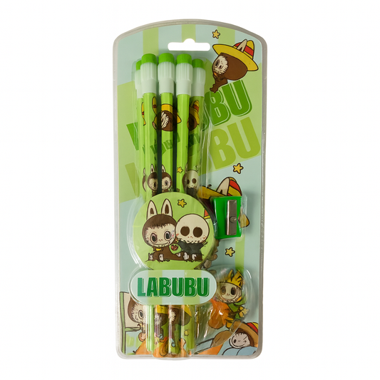 Green Labubu Pencil Set With Sharpener 12 pcs || مجموعة اقلام رصاص لابوبو مع براية لون اخضر 12 قلم
