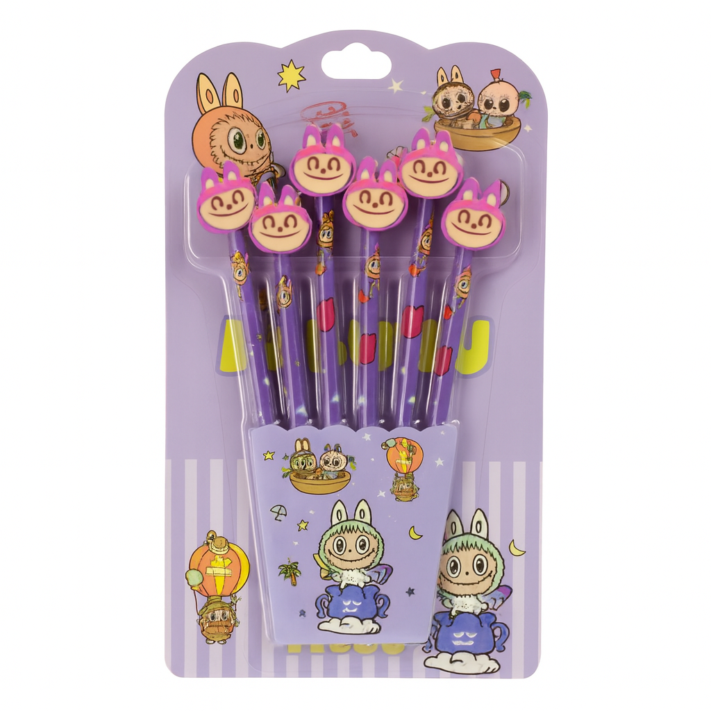 Labubu Pencil Set With Erasers Purple Color || مجموعة اقلام رصاص مع محاية لابوبو لون بنفسجي