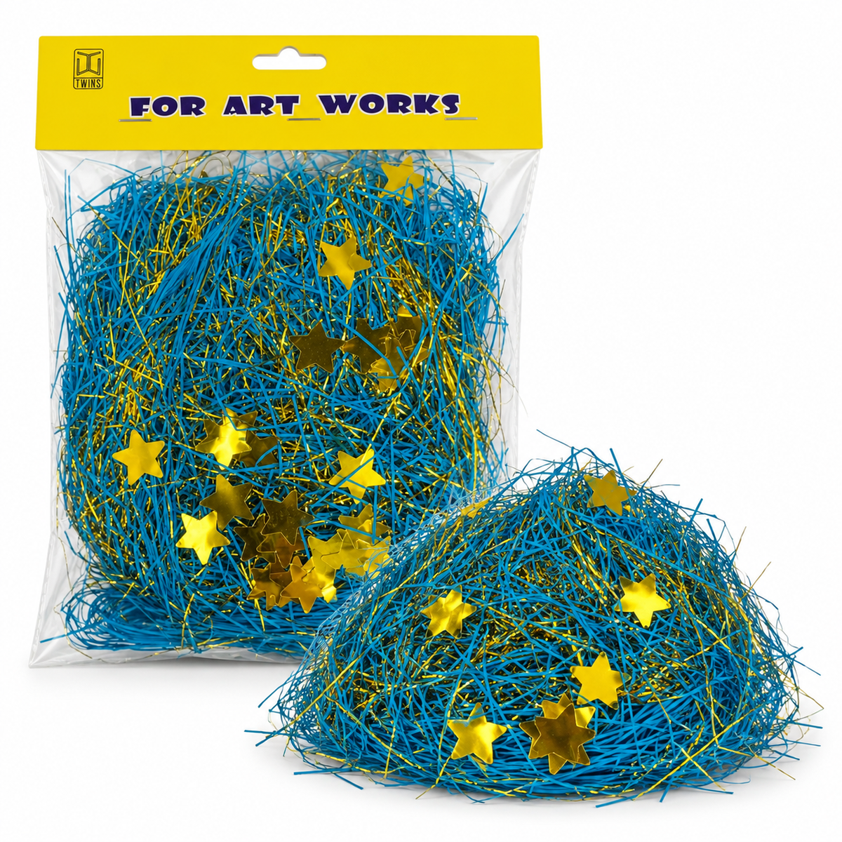 A&T Blue and gold shredded gift filler || حشوة ورقية زرقاء وذهبية مزينة بالنجوم