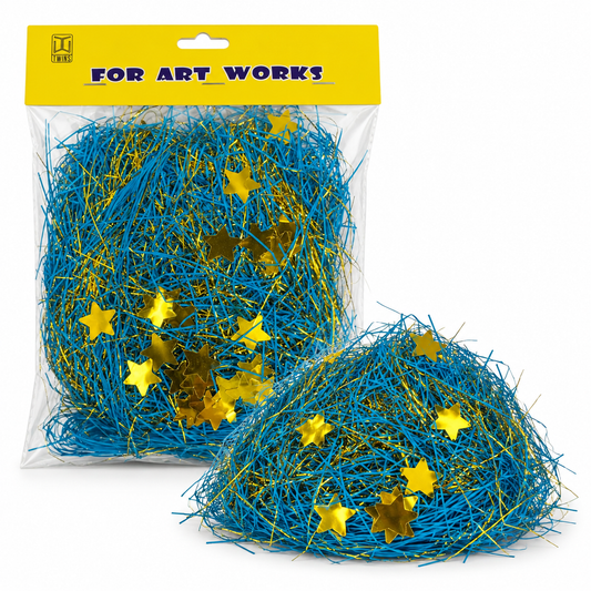 A&T Blue and gold shredded gift filler || حشوة ورقية زرقاء وذهبية مزينة بالنجوم