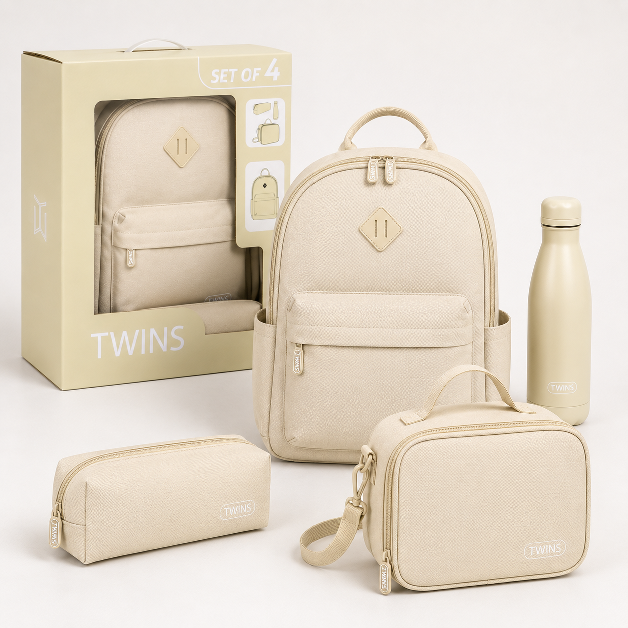 Twins Back To School Set 4 Pcs Backpack + Lunch bag + Pencil Case + Stainless Steel Water Bottle Biege || مجموعة العودة للمدرسة 4 قطع جنطة ظهر و جنطة اكل و مقلمه و مطارة ماء ستيل بيج