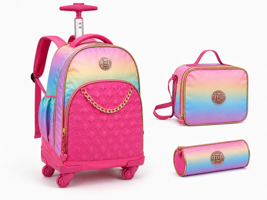 Twins Back To School Set 3 Pcs Trolley Backpack + Lunch bag + Pencil Pouch Pink || مجموعة العودة للمدرسة 3 قطع جنطة سحب 4 تواير و جنطة اكل و مقلمة وردي