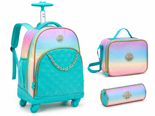 Twins Back To School Set 3 Pcs Trolley Backpack + Lunch bag + Pencil Pouch Blue || مجموعة العودة للمدرسة 3 قطع جنطة سحب 4 تواير و جنطة اكل و مقلمة ازرق