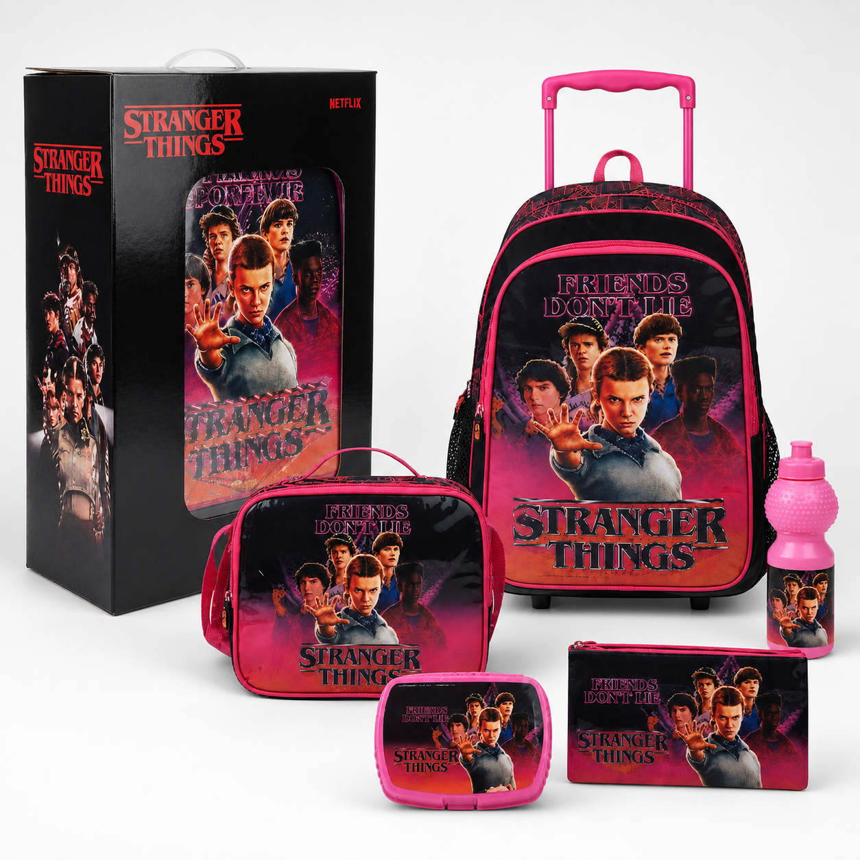 NETFLIX STRANGER THINGS FRIENDSHIP 5 IN 1 SET  18" || طقم شنطة تروللي مجموعة نتفليكس سترينجر ثينغز فريندشيب 5 في 1  ، 18 إنش