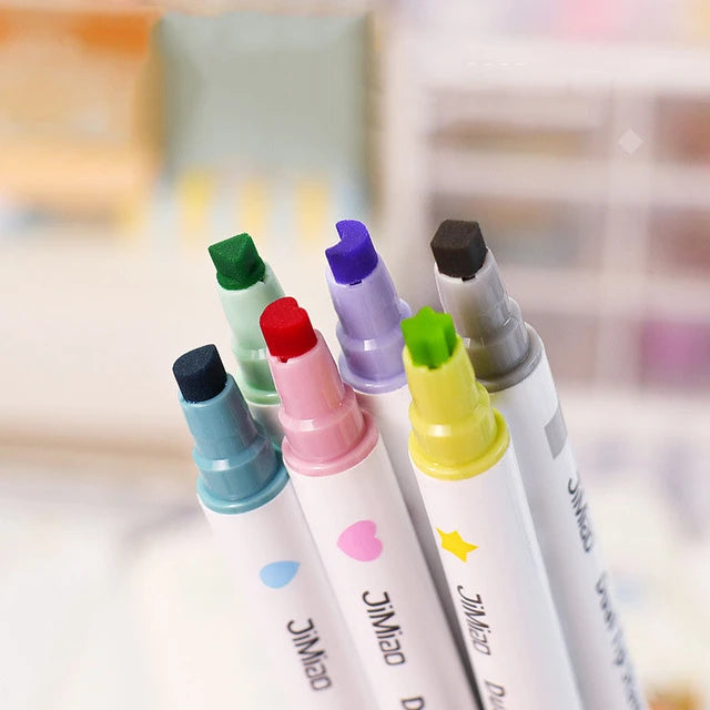 Dual Tip Marker 6 Colors Star/Heart/Moon/Drop/Square/Triangle || مجموعة الوان راسين ٦ لون اشكال نجمة/قلب/قمر/قطرة/مربع/مثلث