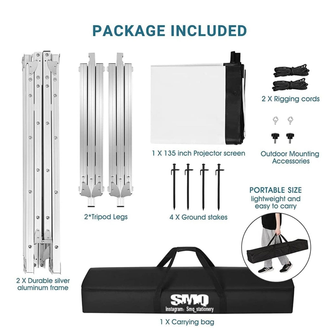 SMQ Fast Folding Projector Screen 4k Ultra HD with bag and tools (100 inch) || اس ام كيو شاشة عرض سنمائي4k Ultra HD مع حقيبة و مثبتات أرضية (100 بوصة)