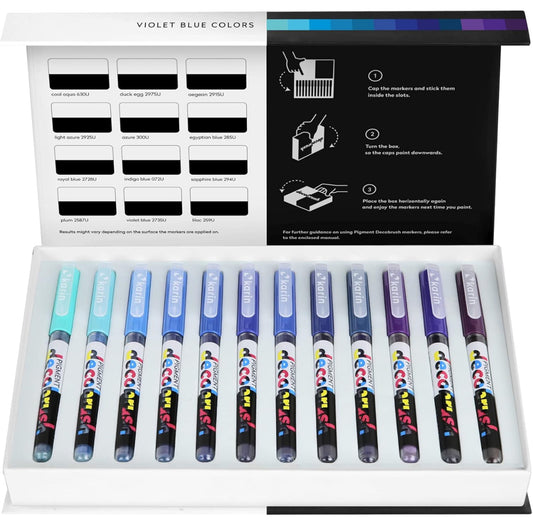 Karin Pigment DécoBrush Violet-Blue Colors 12pc Set || الوان اكريليك ماركر كارين برش ماركر الوان درجات فايوليت بلو