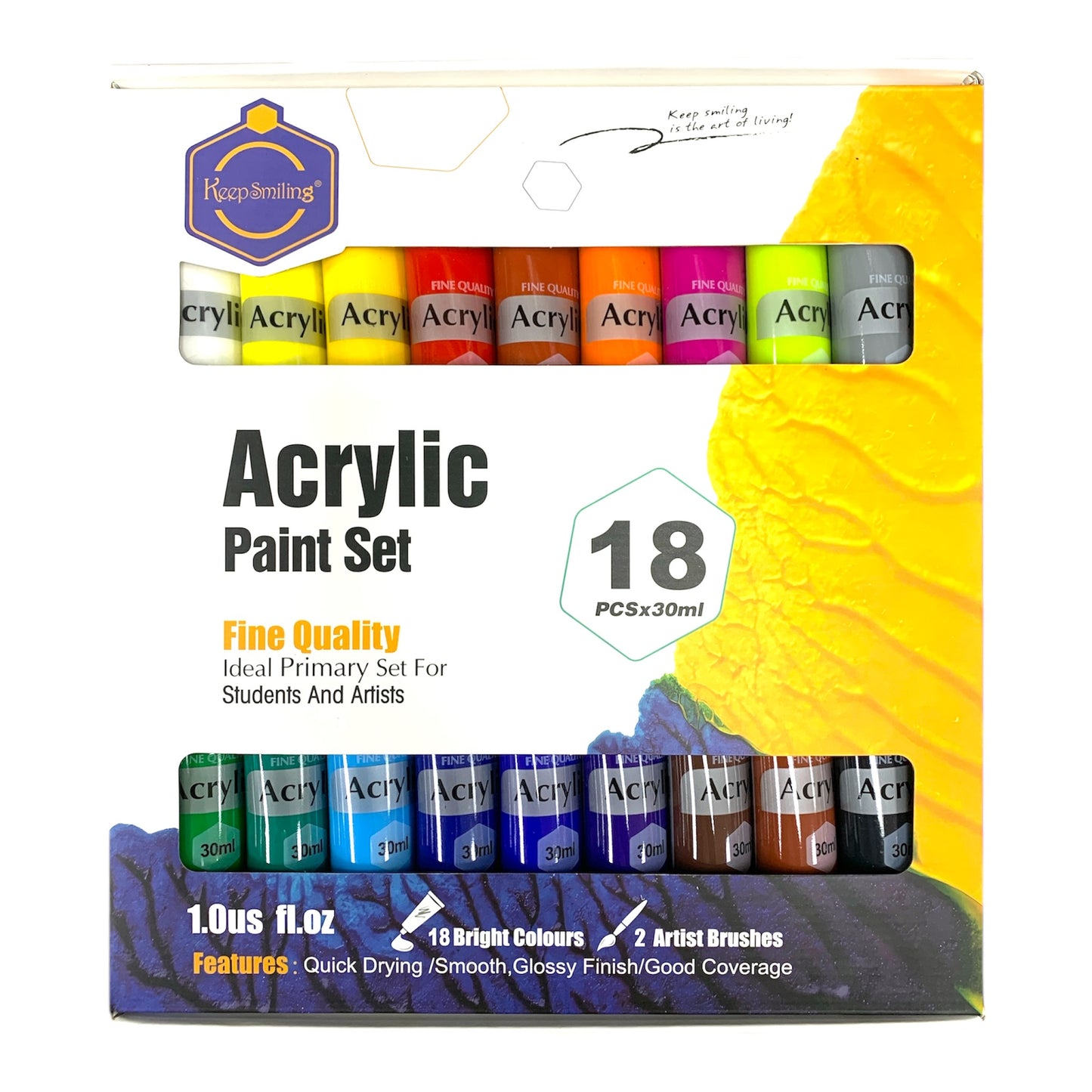 Acrylic Paint Set 18 Colors 30 ml Keep Smiling || الوان اكريليك كيب سمايلنح ١٨ لون حجم ٣٠ مل