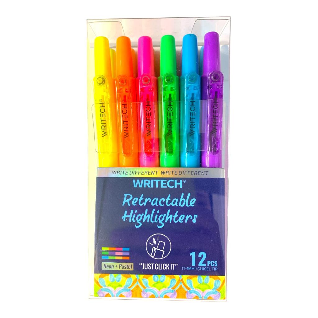 Writech Retractable Highlighters 12 Mild+Neon Colors || اقلام فسفوري كبس ١٢ لون باستيل و نيون رايتيك