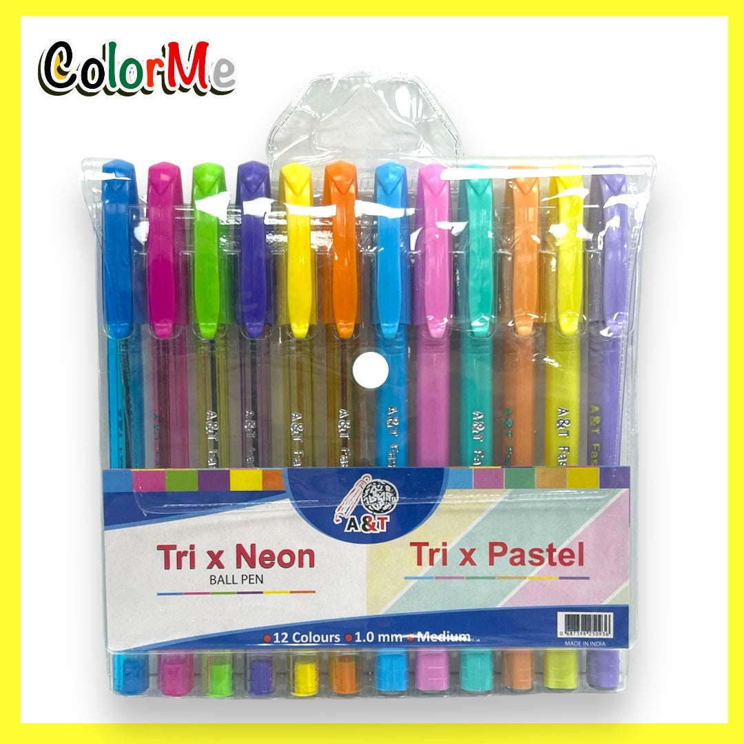 A&T Color Me Tri X Neon Pastel Ball Pens 12 Colors || اقلام حبر كولور مي ملونة نيون و باستيل ١٢ لون