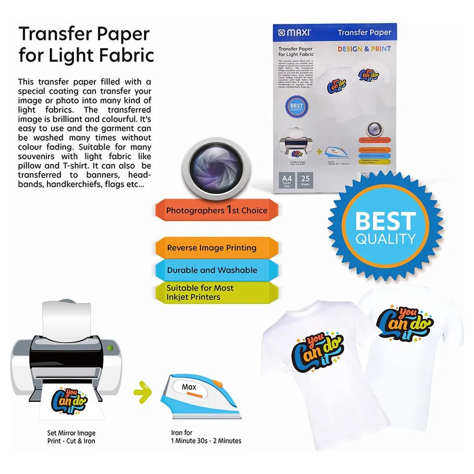 Transfer Paper for Light Fabric Maxi || ورق طباعة على تيشيرت الوان فاتحة