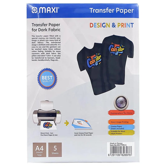 Maxi - T-Shirt Transfer Paper 190 gsm A4 5 Sheets - Dark || ورق طباعة تيشيرتات للخام الغامق عدد ٥ حبة