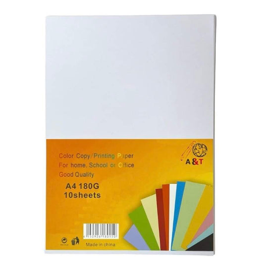 A&T Printing Paper White Color 180 gsm A4 Size 10 pcs || ورق مقوى اي اند تي لون ابيض A4 ١٨٠ جرام عدد ١٠ ورقة حجم 