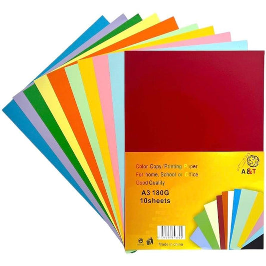 A&T Printing Paper 10 Colors 180 gsm A3 Size || ورق مقوى A3 ملون اي اند تي ١٠ لون حجم