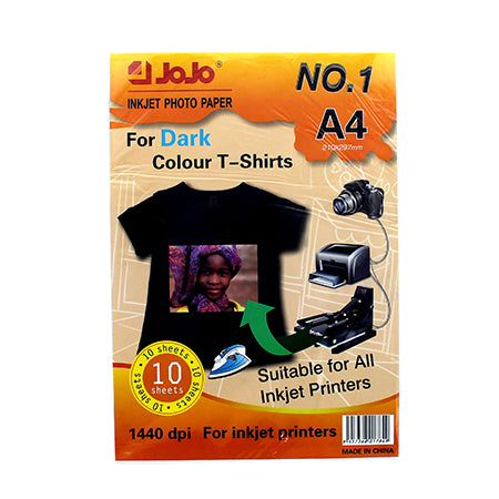 Jojo Inkjet Photo Paper For Dark Fabric Transfer Paper A4 Size 10 Pack || ورق جوجو تيشيرتات خام غامق ١٠ ورقه حجم اي فور