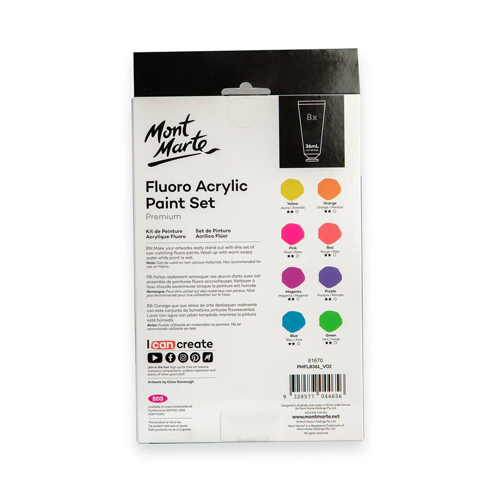 Mont Marte Fluoro Acrylic Paint Set Premium 8pc x 36ml || الوان اكريليك فسفورية مونت مارت 8 لون حجم 36 مل