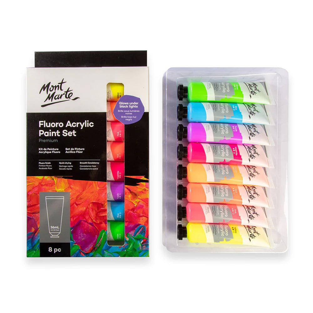 Mont Marte Fluoro Acrylic Paint Set Premium 8pc x 36ml || الوان اكريليك فسفورية مونت مارت 8 لون حجم 36 مل