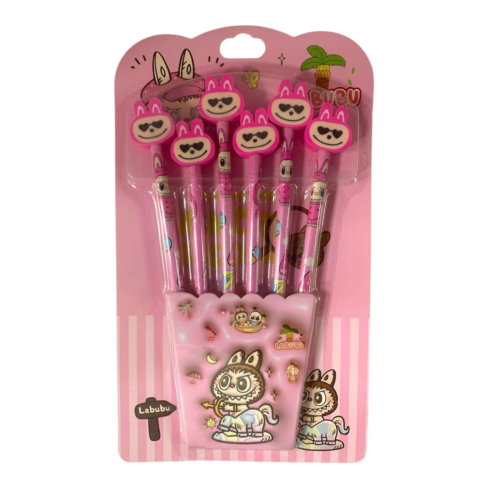 Labubu Pencil Set With Erasers Pink Color || مجموعة اقلام رصاص مع محاية لابوبو لون وردي