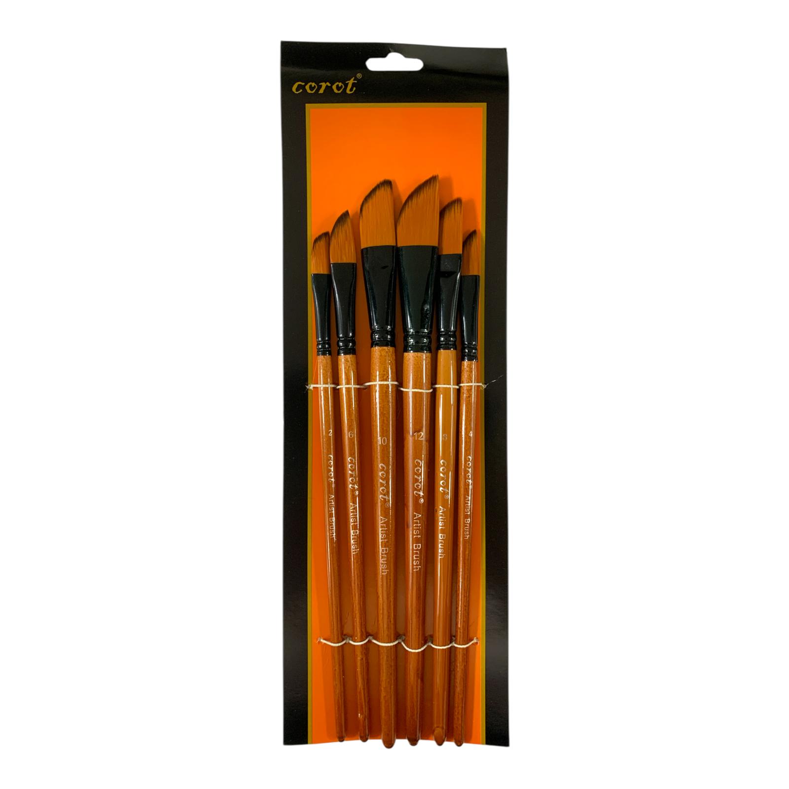 Corot Angled Flat Head Paint Brushes 6 Pcs Assorted Sizes || فرش رسم كوروت راس مشطوف بزاوية 6 حبة احجام متنوعة