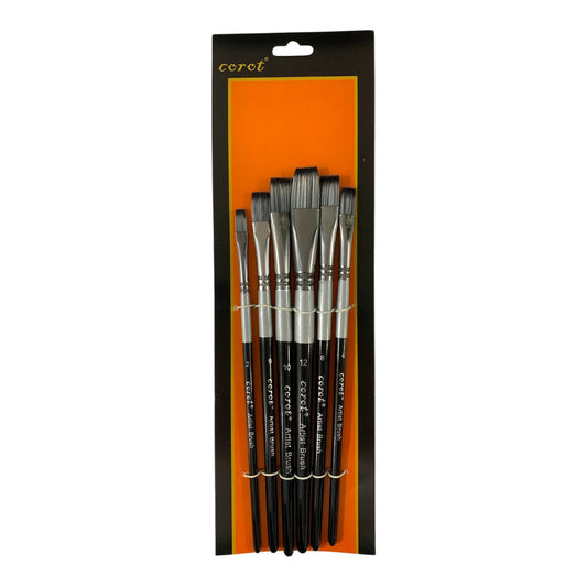 Corot Flat Paint Silver Brushes 6 Pcs Assorted Sizes || فرش رسم راس مشطوف 6 حبة لون فضي احجام متنوعة