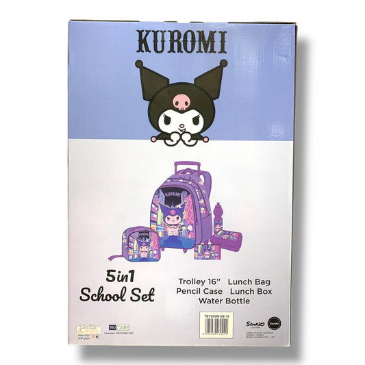 Kuromi 5 in 1 School Set 16" Trolley Bag Lunch Bag Pencil Case Lunch Box Water Bottle || بوكس العودة للمدرسة 5 قطع جنطة ترولي شنطة اكل مقلمة لانش بوكس مطارة ماء كورومي