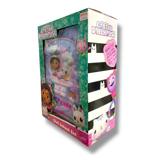 Gabby Dollhouse 5 in 1 School Set 16" Trolley Bag Lunch Bag Pencil Case Lunch Box Water Bottle || بوكس العودة للمدرسة 5 قطع جنطة ترولي شنطة اكل مقلمة لانش بوكس مطارة ماء جابي دول هاوس