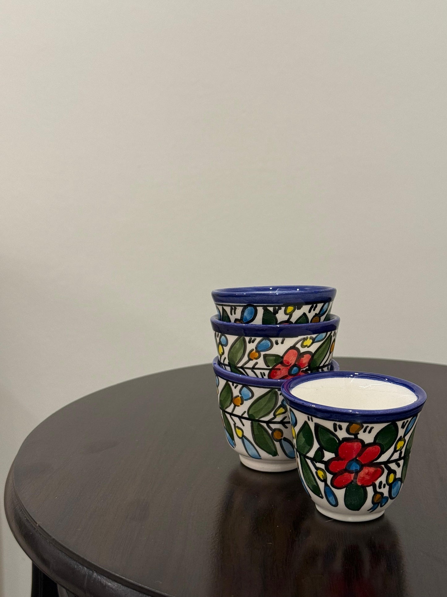 Arabesque Hand Painted Artisinal Finjan Khalil Colored Design 12 Pcs || فناجين الخزف الخليلي المصممه يدويا بنقش ملون عدد 12 فناجين