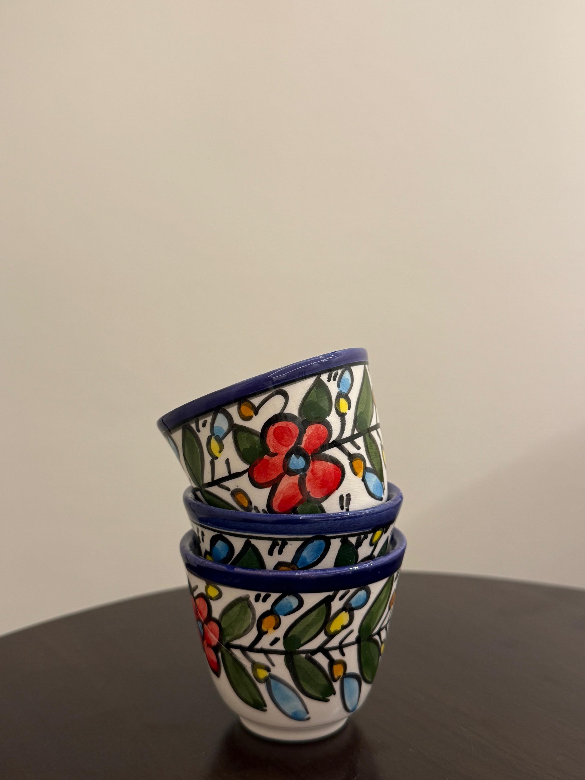 Arabesque Hand Painted Artisinal Finjan Khalil Colored Design 6 Pcs || فناجين الخزف الخليلي المصممه يدويا بنقش ملون عدد 6 فناجين