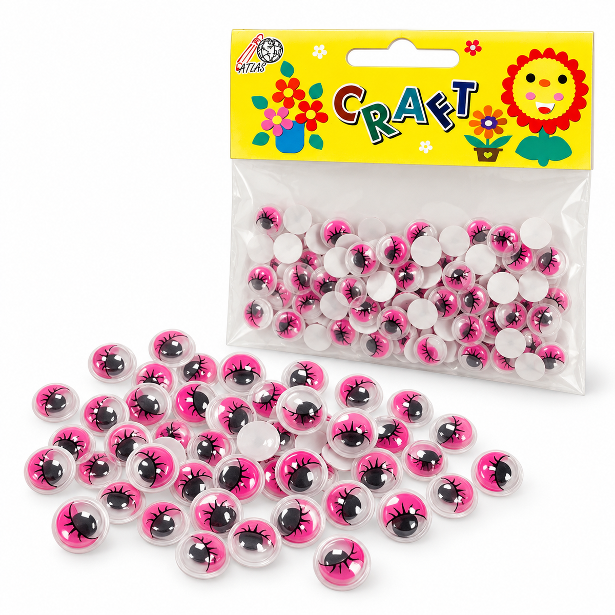 Atlas Pink Eyelash Googly Eyes Craft Pack || عيون متحركة وردية برموش للأشغال اليدوية