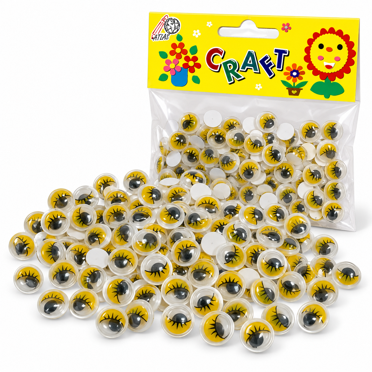 Atlas Yellow Eyelash Googly Eyes Craft Pack - Large || عيون متحركة صفراء برموش للأشغال اليدوية - كبير