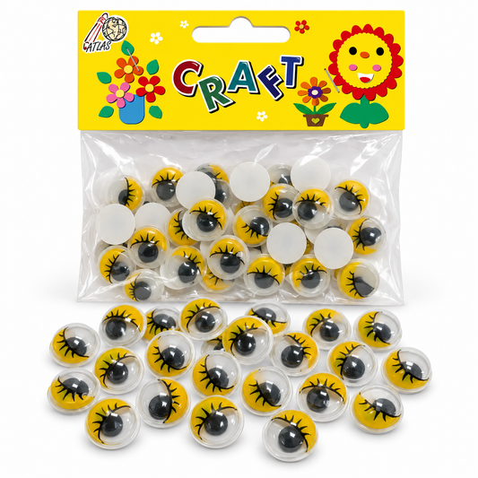 Atlas Yellow Eyelash Googly Eyes Craft Pack - Small || عيون متحركة صفراء برموش للأشغال اليدوية - صغير