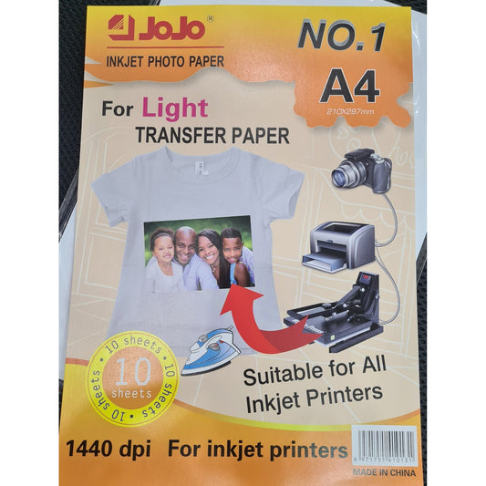 Jojo Inkjet Photo Paper For Light Fabric Transfer Paper A4 Size 10 Pack || ورق جوجو تيشيرتات خام فاتح ١٠ ورقه حجم اي فور