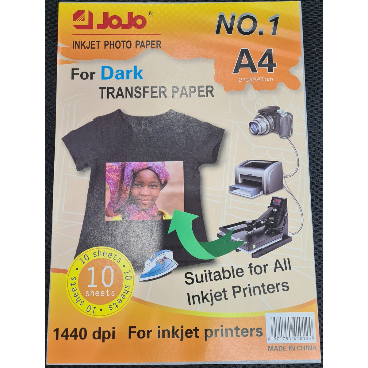 Jojo Inkjet Photo Paper For Dark Fabric Transfer Paper A4 Size 10 Pack || ورق جوجو تيشيرتات خام غامق ١٠ ورقه حجم اي فور